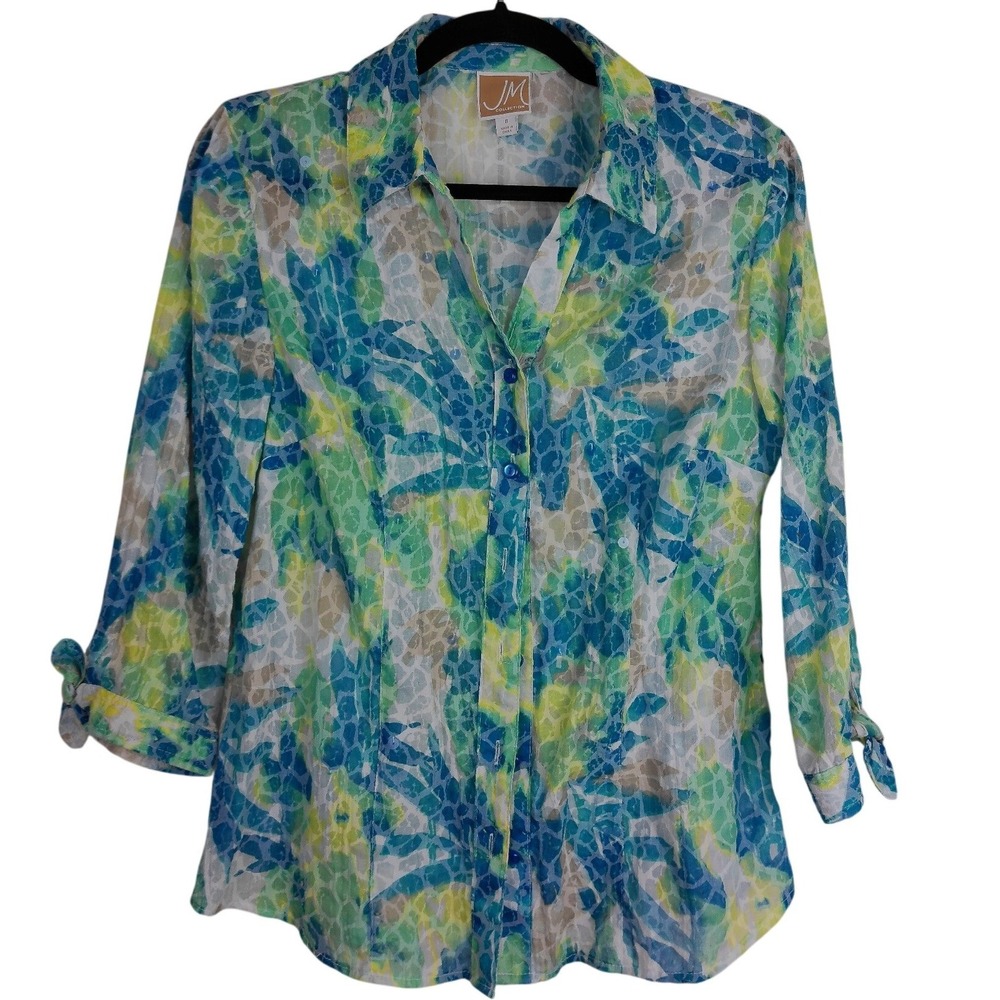 JM Collection Womens Abstract Print Button Down Shirt Blue Green Yellow Size 8